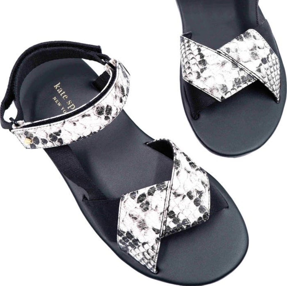 NEW Kate Spade Dotty Embossed Snakeskin Sandals in Black/White - Picture 5 of 16